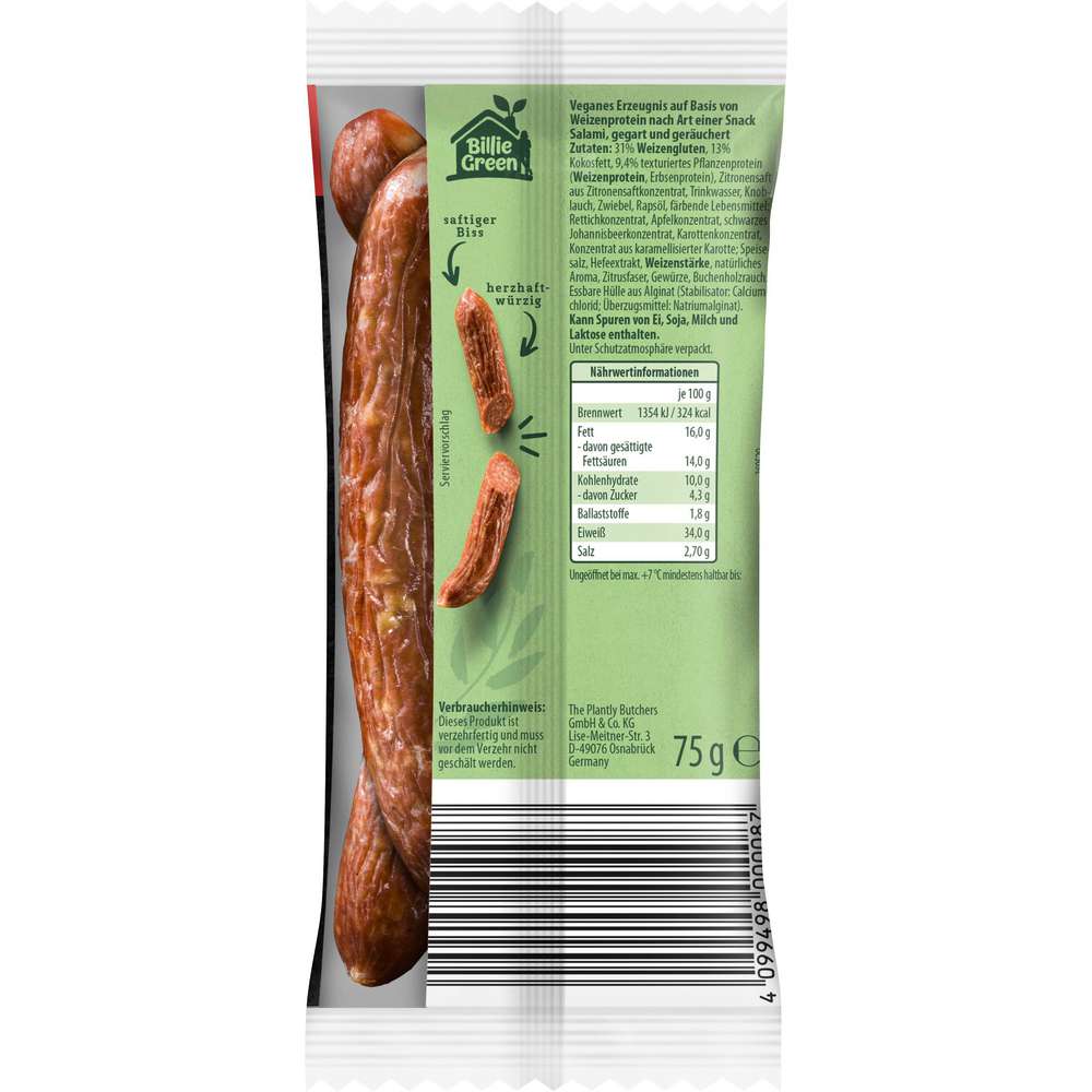 Produktabbildung Billie Green Veganer Snack Salami Style, Klassik