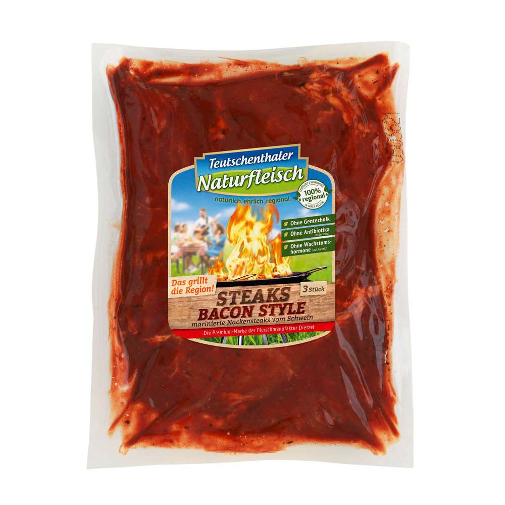 Produktabbildung Teutschenthaler Naturfleisch Nackensteaks Bacon Style