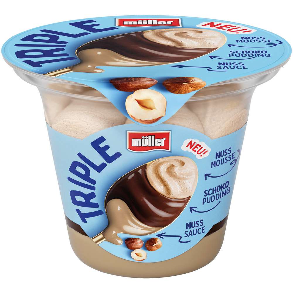 Produktabbildung Müller Triple Dessert, Nussmousse/Schoko Pudding/Nusssauce