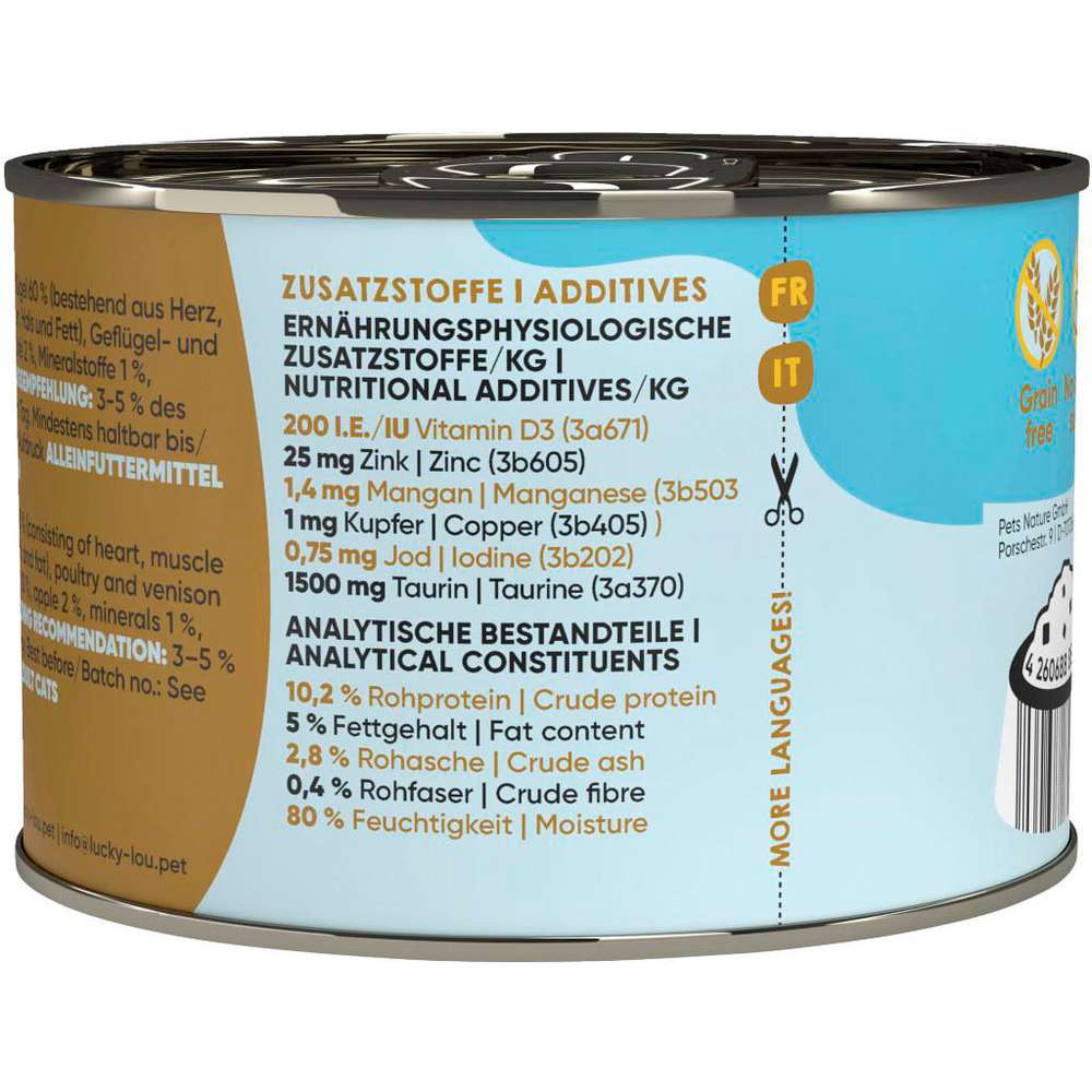Produktabbildung Lucky Lou Katzen-Nassfutter, Geflügel & Hirsch mit Apfel