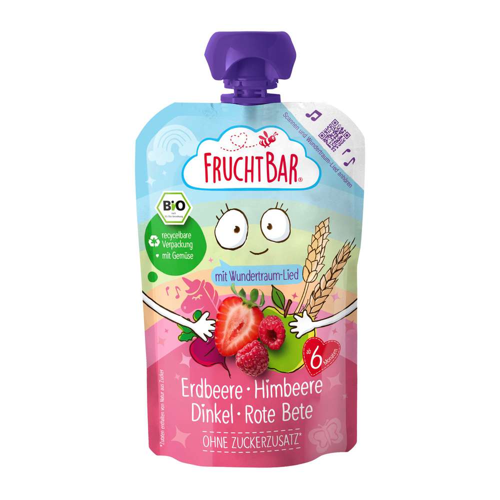 Produktabbildung Fruchtbar Quetschie mit Wundertraum-Lied, Erdbeere/Himbeere/Dinkel/Rote Bete