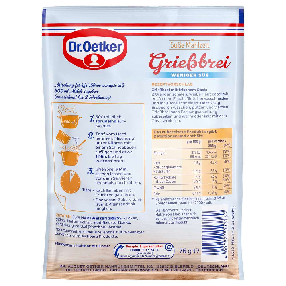 Produktabbildung Dr. Oetker Dessertpulver Süße Mahlzeit, Grießbrei weniger süß