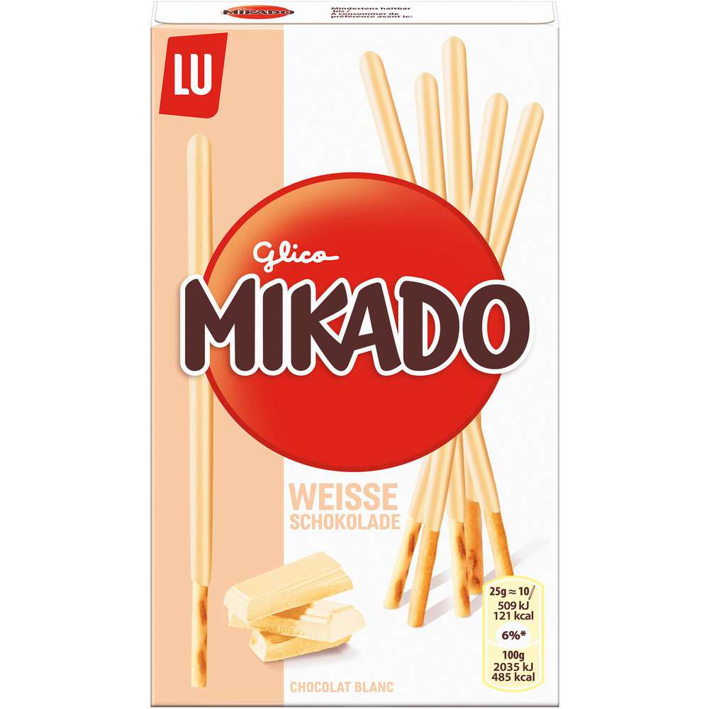 Produktabbildung Mikado Keksstäbchen, weiße Schokolade
