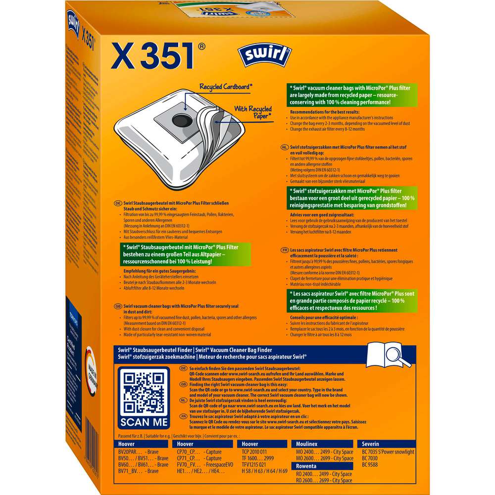 Produktabbildung Swirl Staubsaugerbeutel X 351, safe & clean