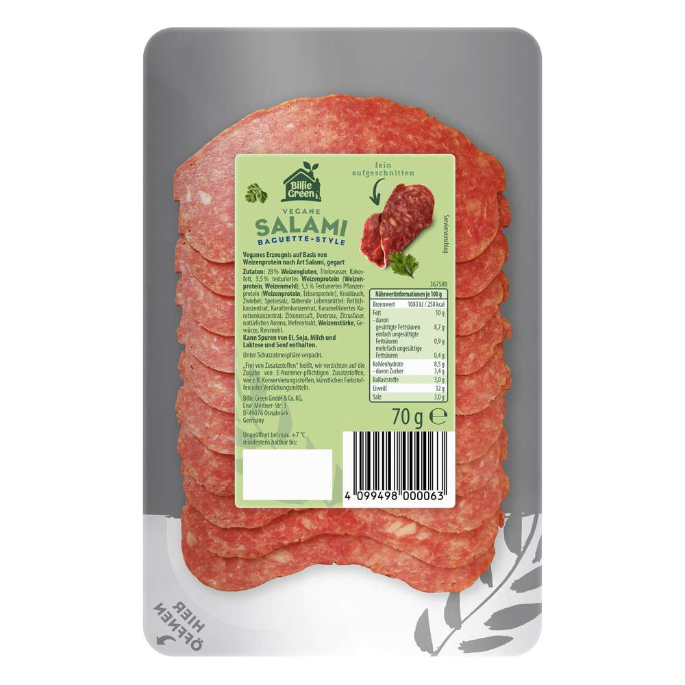 Produktabbildung Billie Green Vegane Salami, Baguette-Style