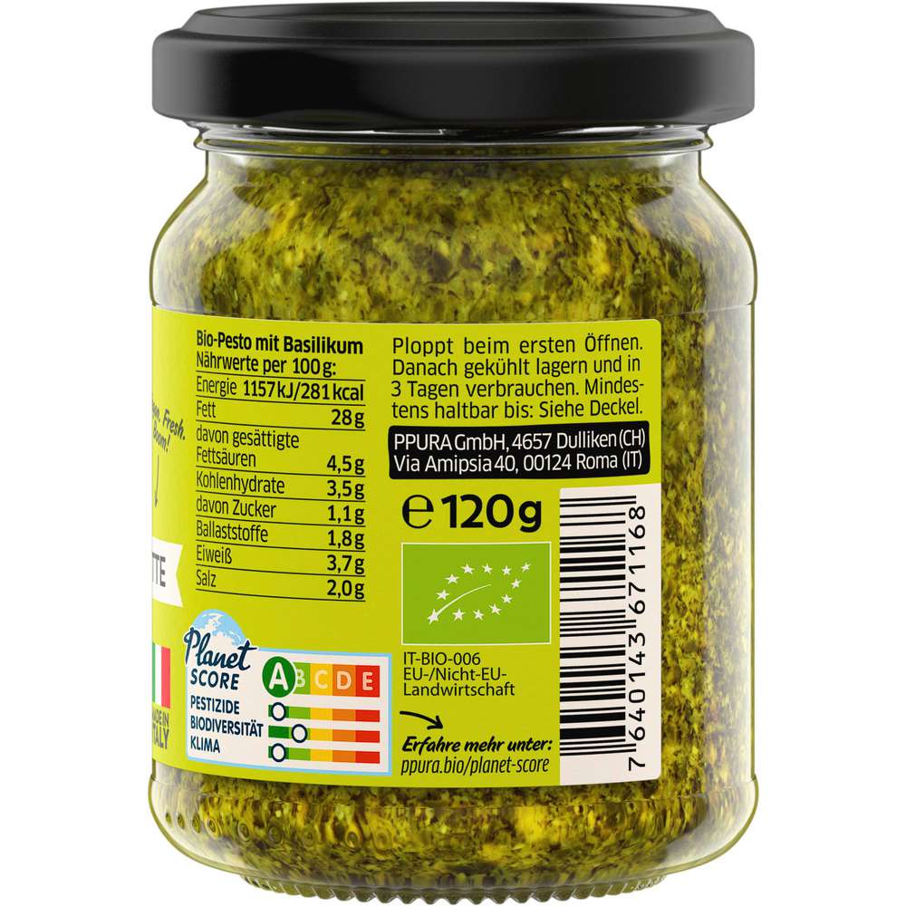 Produktabbildung PPURA Bio Pastasoße, Pesto Basilikum/Limette/Cashew