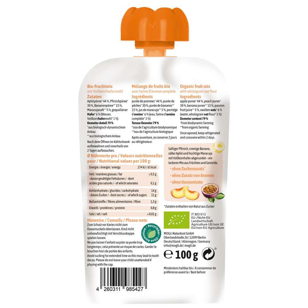 Produktabbildung MOGLi Quetschie, Pfirsich, Frucht & Hafer