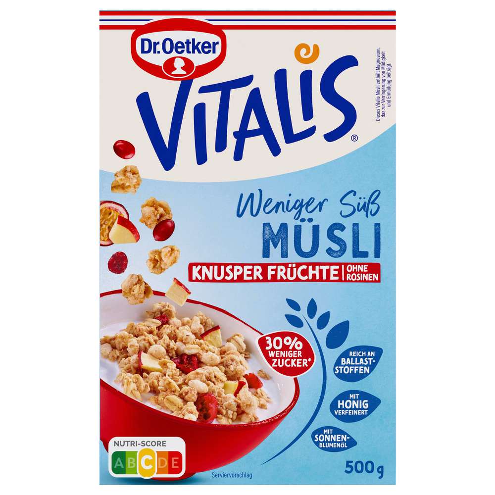 Produktabbildung Dr. Oetker Knusper Früchte-Müsli Vitalis, weniger süß, ohne Rosinen