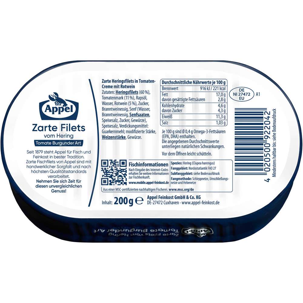 Produktabbildung Appel Hering Zarte Filets, Tomate Burgunder Art