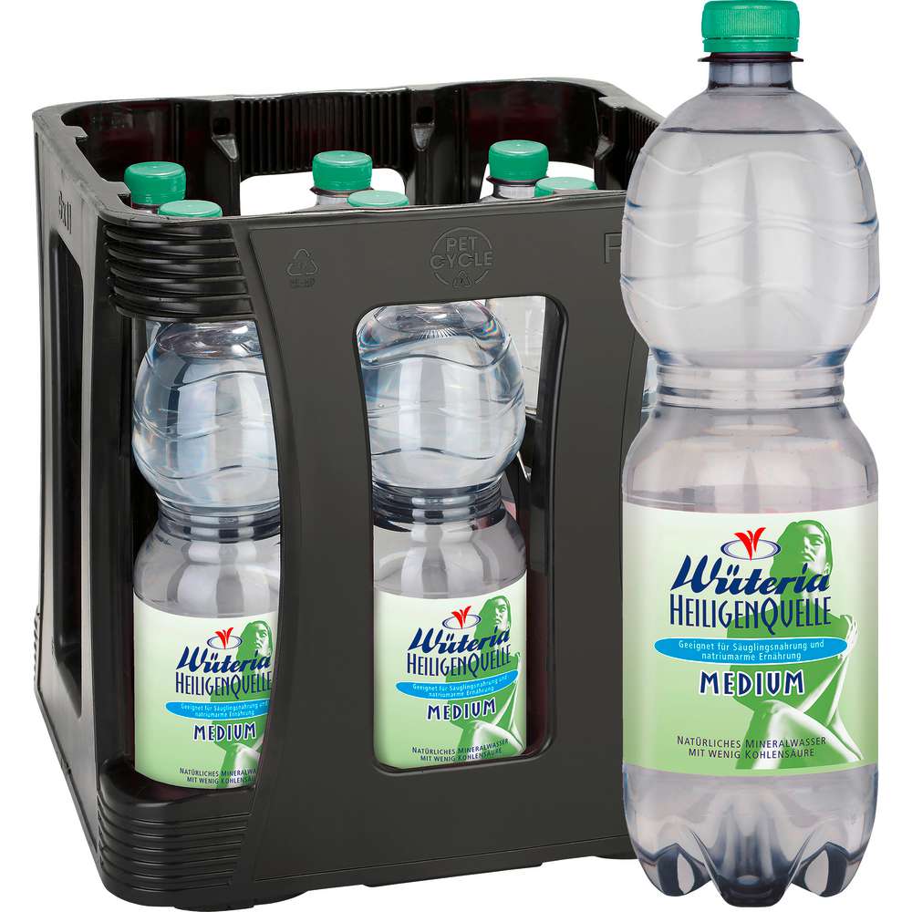 Produktabbildung Wüteria Heiligenquelle Mineralwasser, Medium (9x 1,000 Liter)