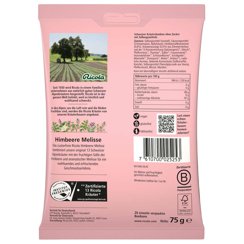 Produktabbildung Ricola Bonbons Himbeere-Melisse, ohne Zucker