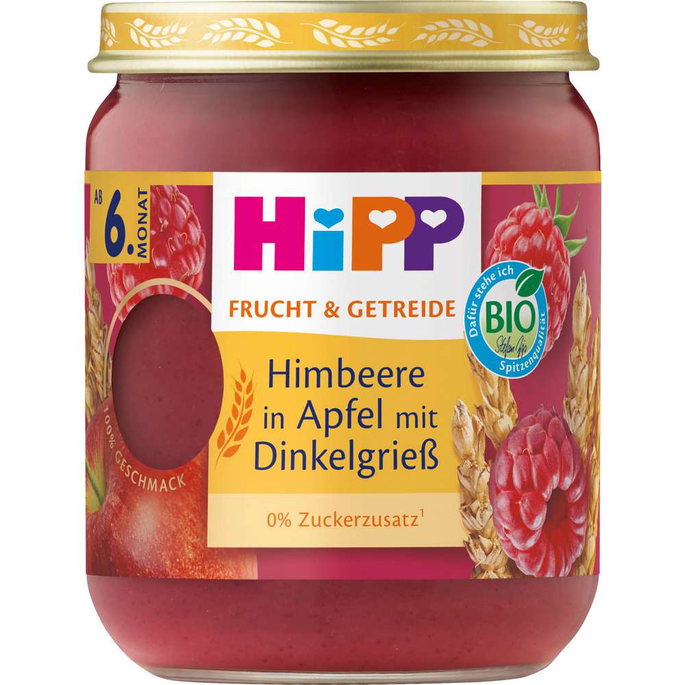 Produktabbildung Hipp Babynahrung Früchtebrei, Himbeere in Apfel mit Dinkelgrieß