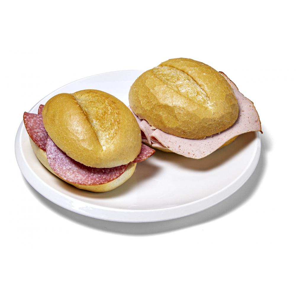Produktabbildung keine Marke Zum Frühstück von 8.00–11.00 Uhr Ein ganzes belegtes Weizenbrötchen mit Fleischkäse oder Salami, pro Stück
