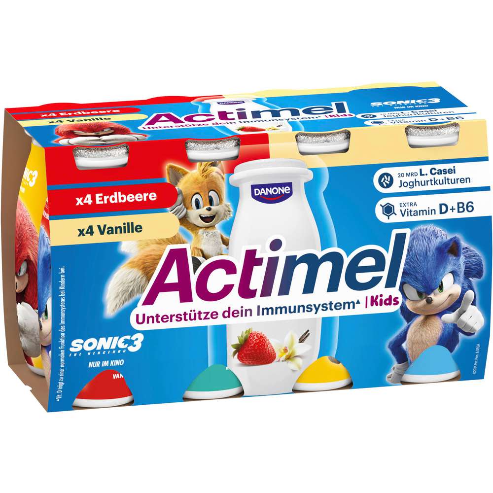 Produktabbildung Danone Actimel Trinkjoghurt Kids, Vanille und Erdbeere