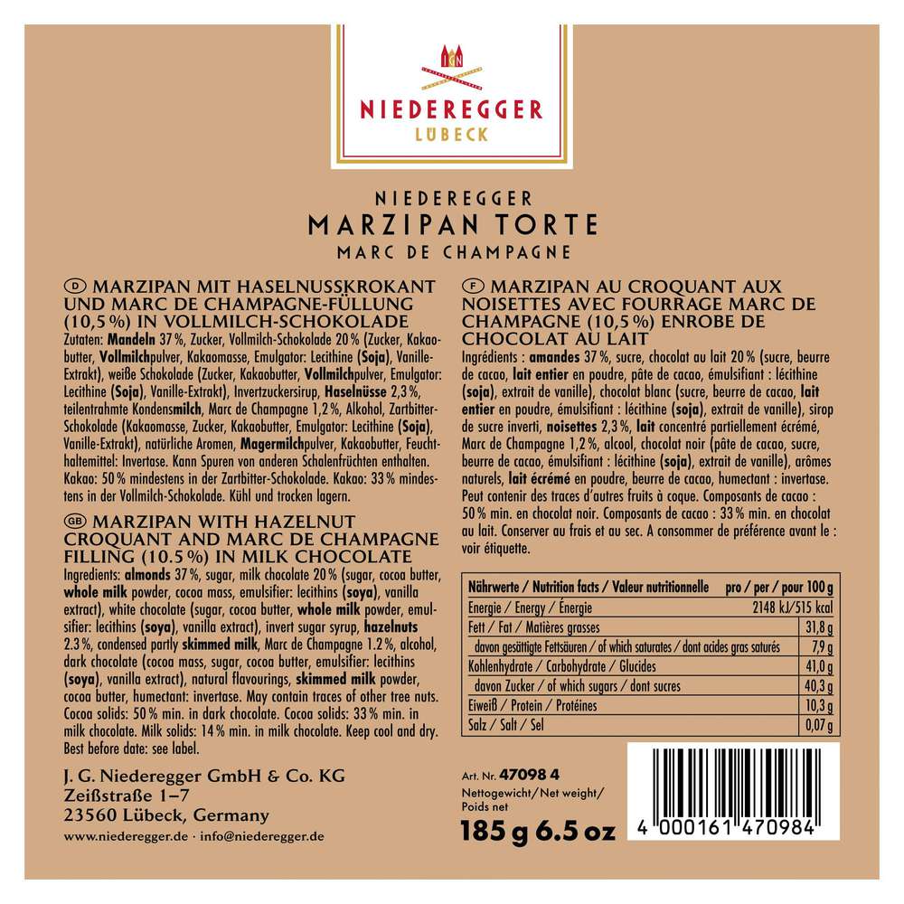 Produktabbildung Niederegger Marzipan-Torte Marc de Champagne, tiefgekühlt