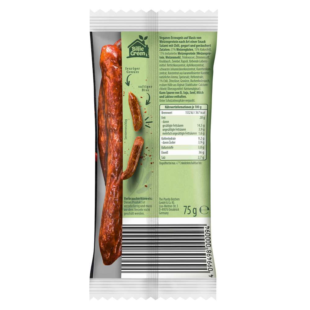 Produktabbildung Billie Green Veganer Snack Salami Style, Chili