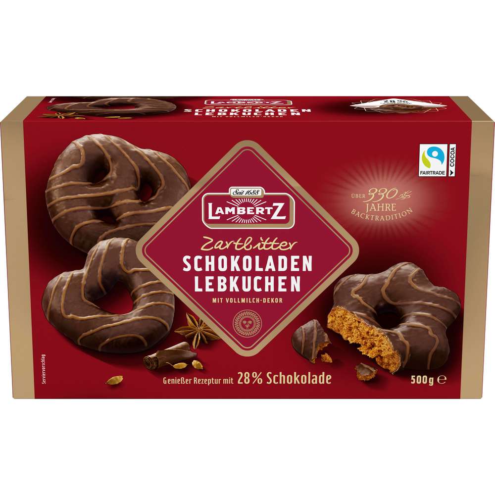 Produktabbildung Lambertz Lebkuchen Herzen/Sterne/Brezeln, Zartbitter