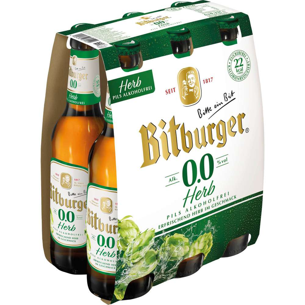 Produktabbildung Bitburger Bier, Pils Herb Alkoholfrei 0,0% 6 x 0,33l (6x 0,330 Liter)