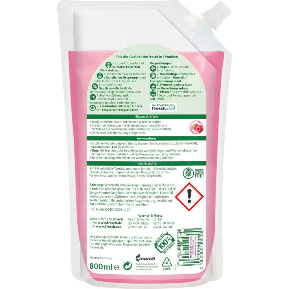 Produktabbildung Frosch Geschirrspülmittel Spül-Gel Nachfüllbeutel, Himbeere 