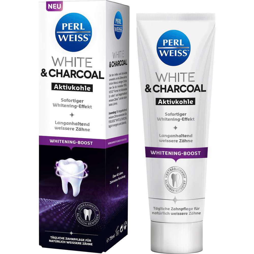 Produktabbildung Perlweiss Zahncreme White und Charcoal, Aktivkohle-Whitening Boost