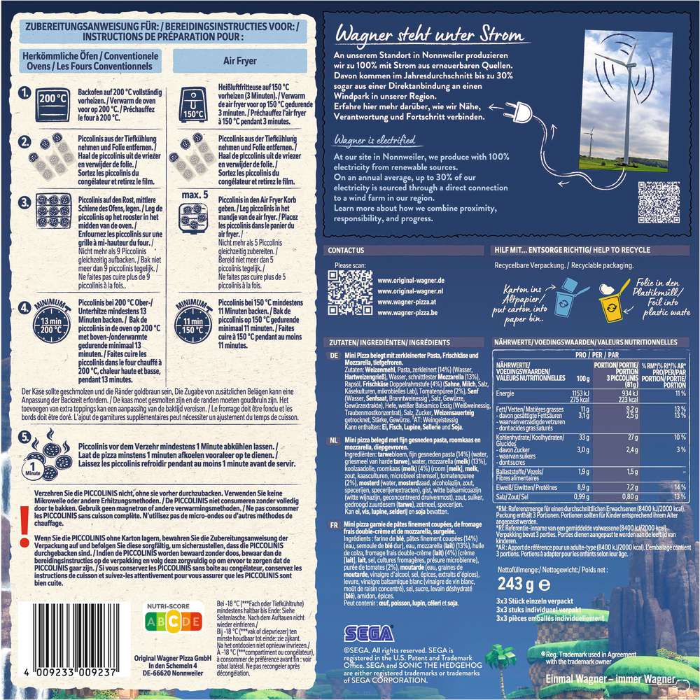 Produktabbildung Wagner Piccolinis SONIC Pasta , tiefgekühlt 