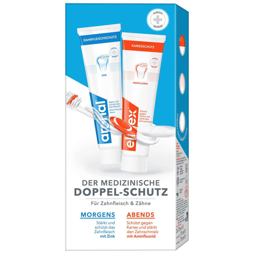 Produktabbildung aronal/elmex Zahncreme, Doppelschutz, morgens und abends
