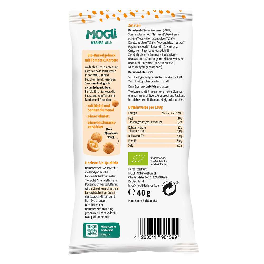 Produktabbildung MOGLi Bio Knabbergebäck Dinkelbällchen, Tomate/Karotte