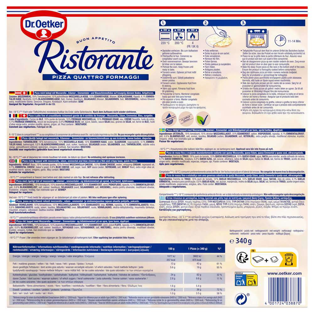 Produktabbildung Dr. Oetker Pizza Ristorante, 4-Käse, tiefgekühlt