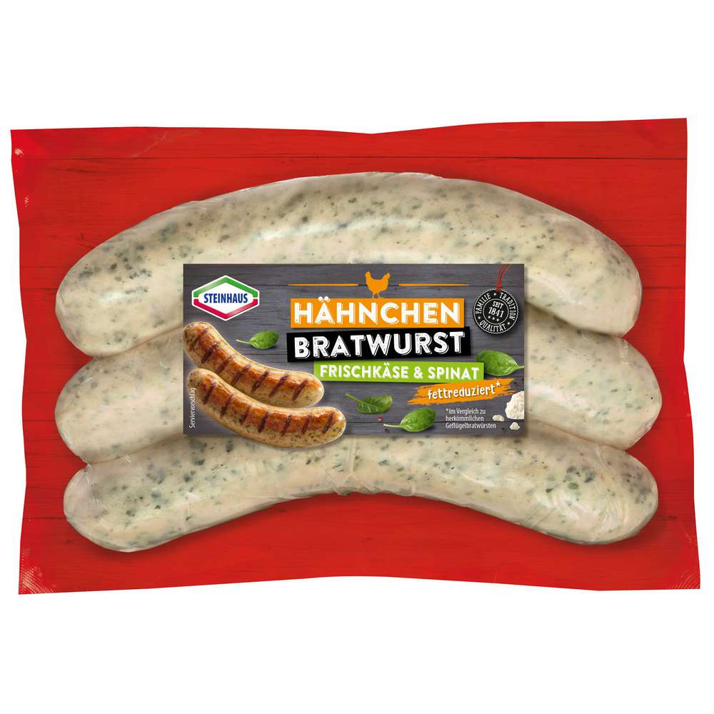 Produktabbildung Steinhaus Hähnchenbratwurst, Frischkäse-Spinat