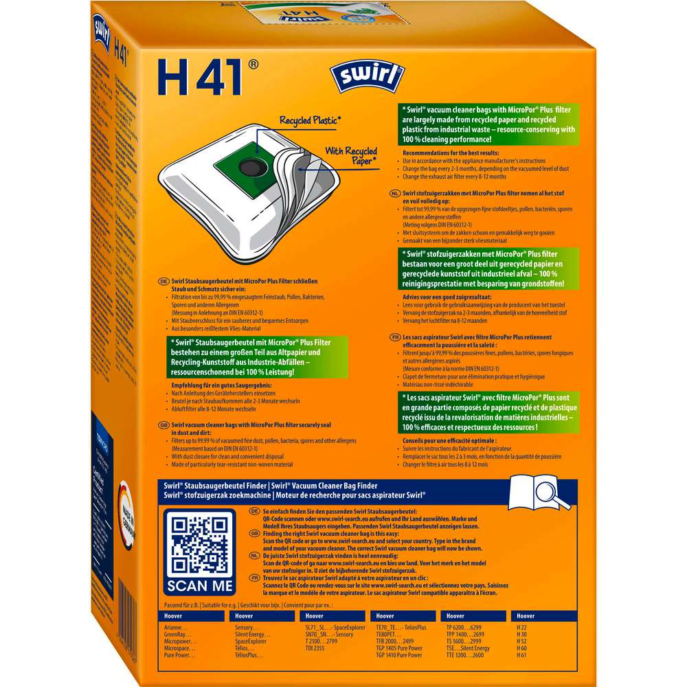 Produktabbildung Swirl Staubsaugerbeutel H41, safe & clean