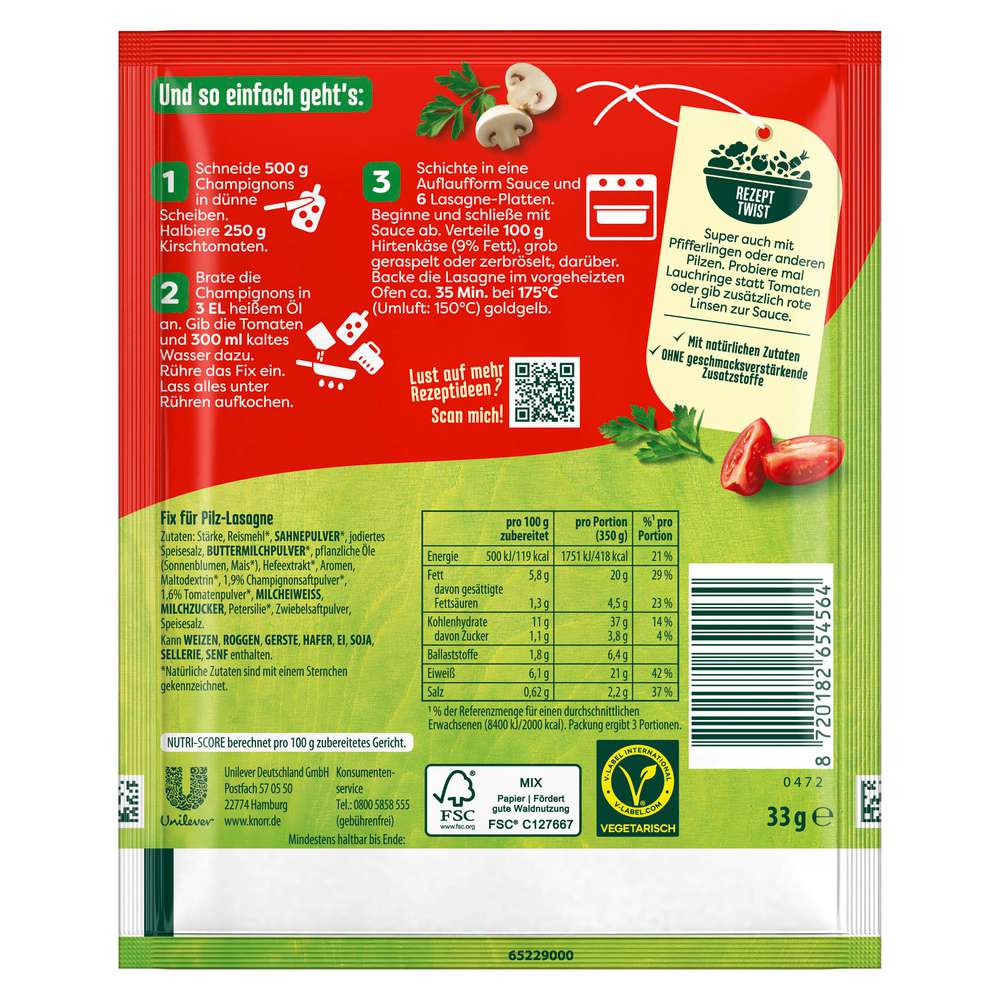 Produktabbildung Knorr Fix Würzmischung, Pilz-Lasagne