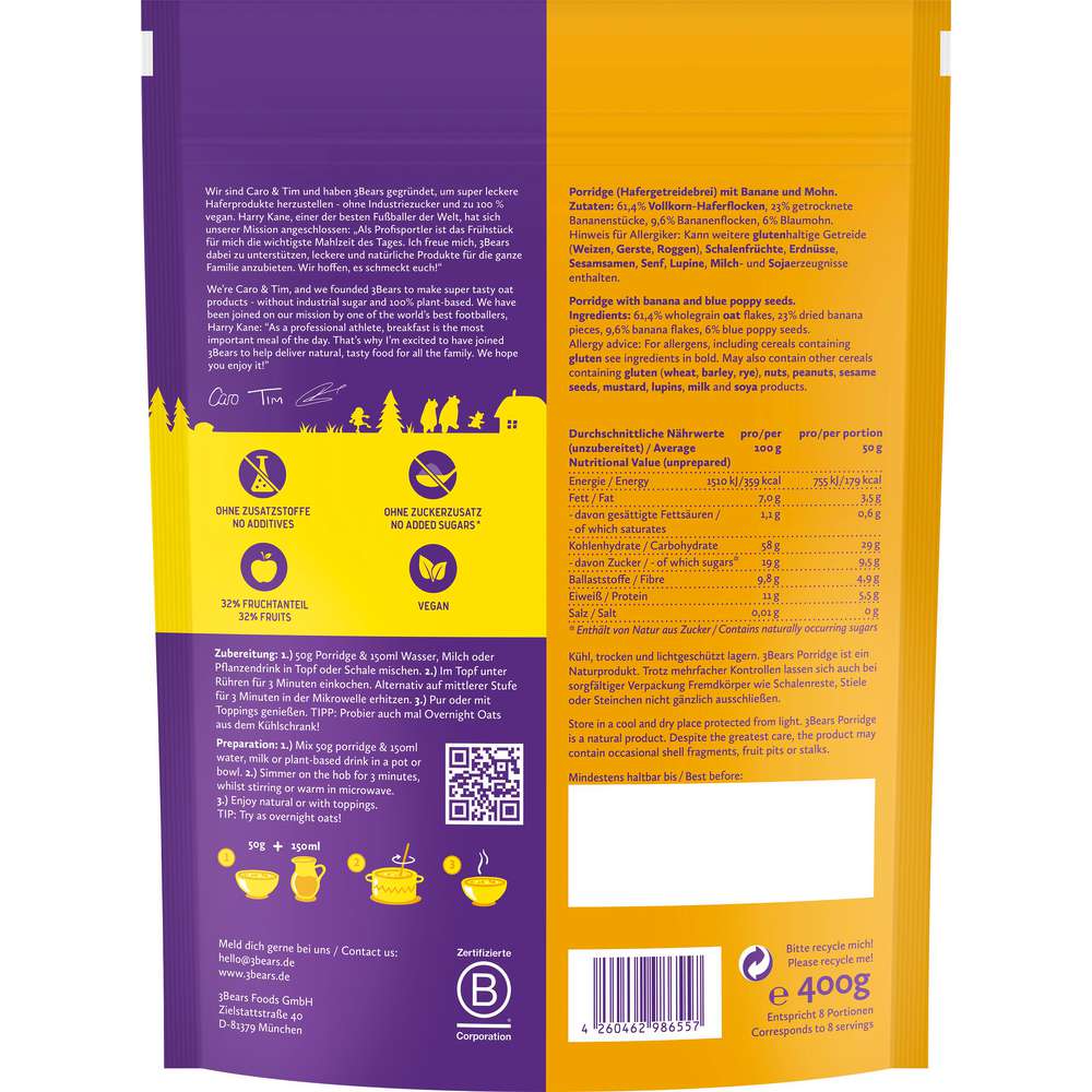 Produktabbildung 3Bears Porridge, Mohnige Banane