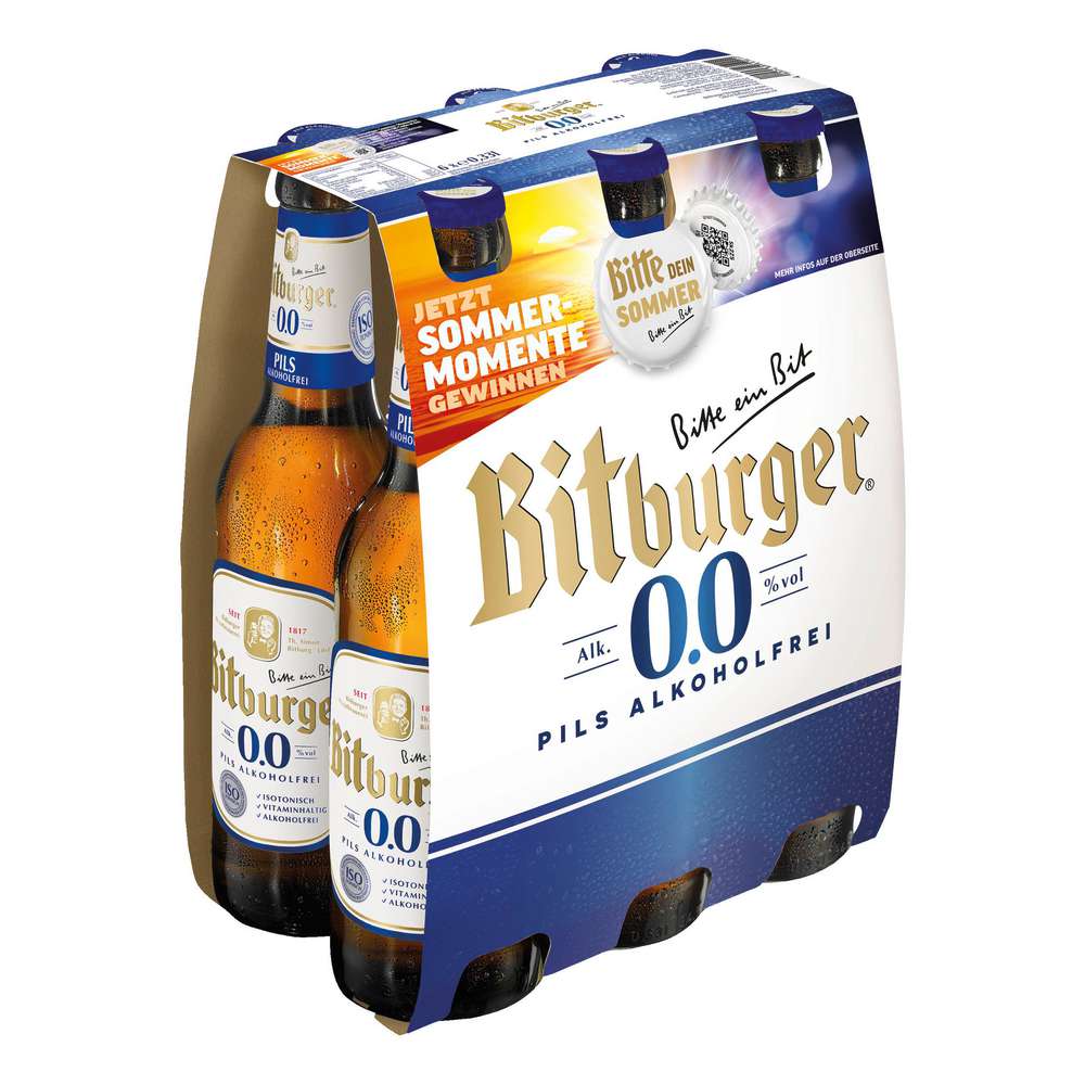 Produktabbildung Bitburger Pilsener Bier 0,0%, alkoholfrei (6x 0,330 Liter)