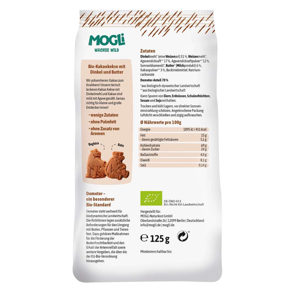 Produktabbildung MOGLi Bio Kakokekse Nasch Gebäck, mit Dinkel und Butter