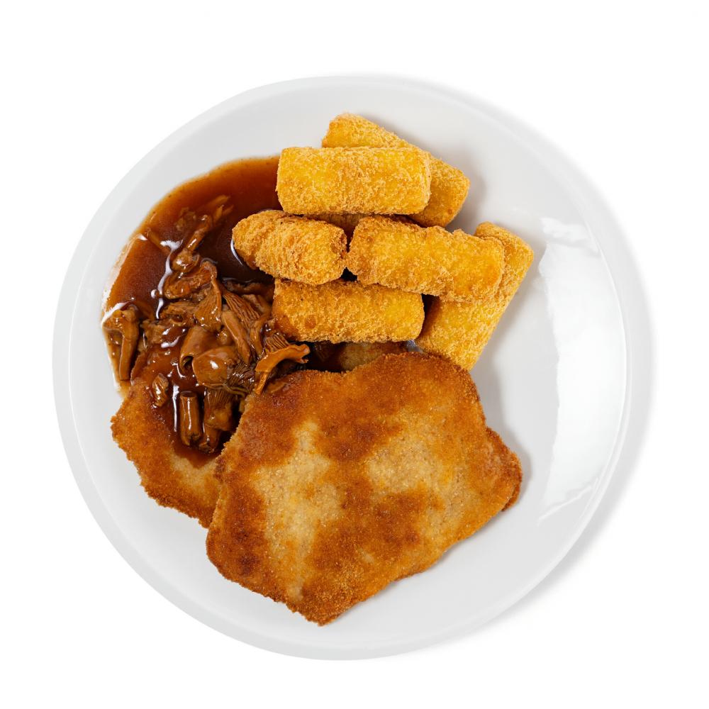 Produktabbildung GLOBUS Tagesgericht Mittwoch: Gebratenes Schweineschnitzel auf Pfifferlingsauce, dazu Kroketten