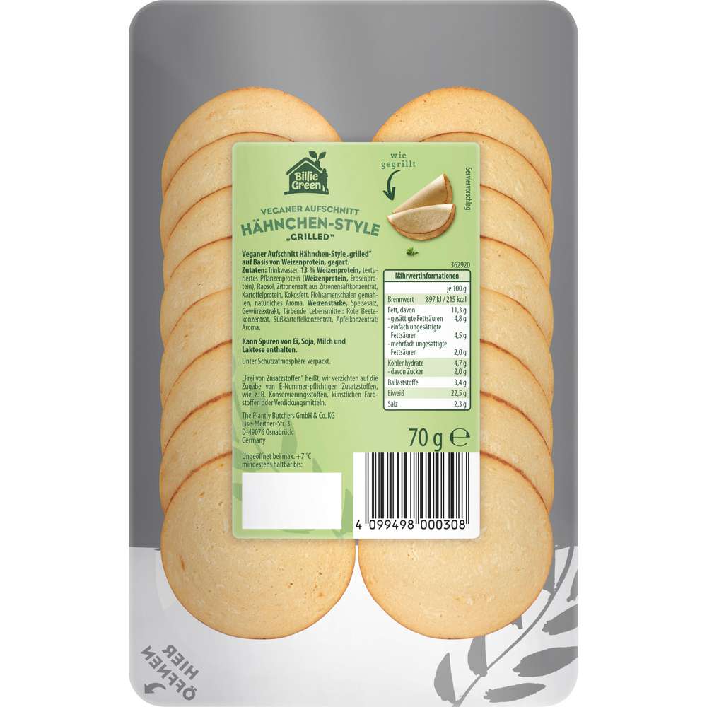 Produktabbildung Billie Green Veganer Aufschnitt Hähnchen-Grilled