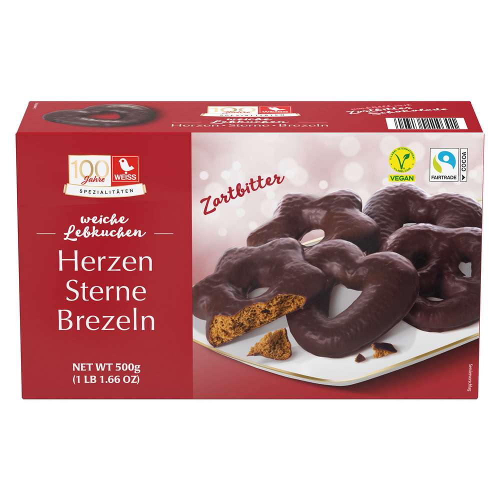 Produktabbildung Weiss Lebkuchen Herzen/Sterne/Brezeln, Zartbitter