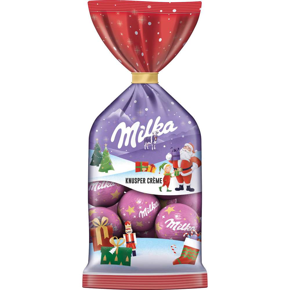 Produktabbildung Milka 	
Kleine Schokoladen-Kugeln, Knusper Creme
