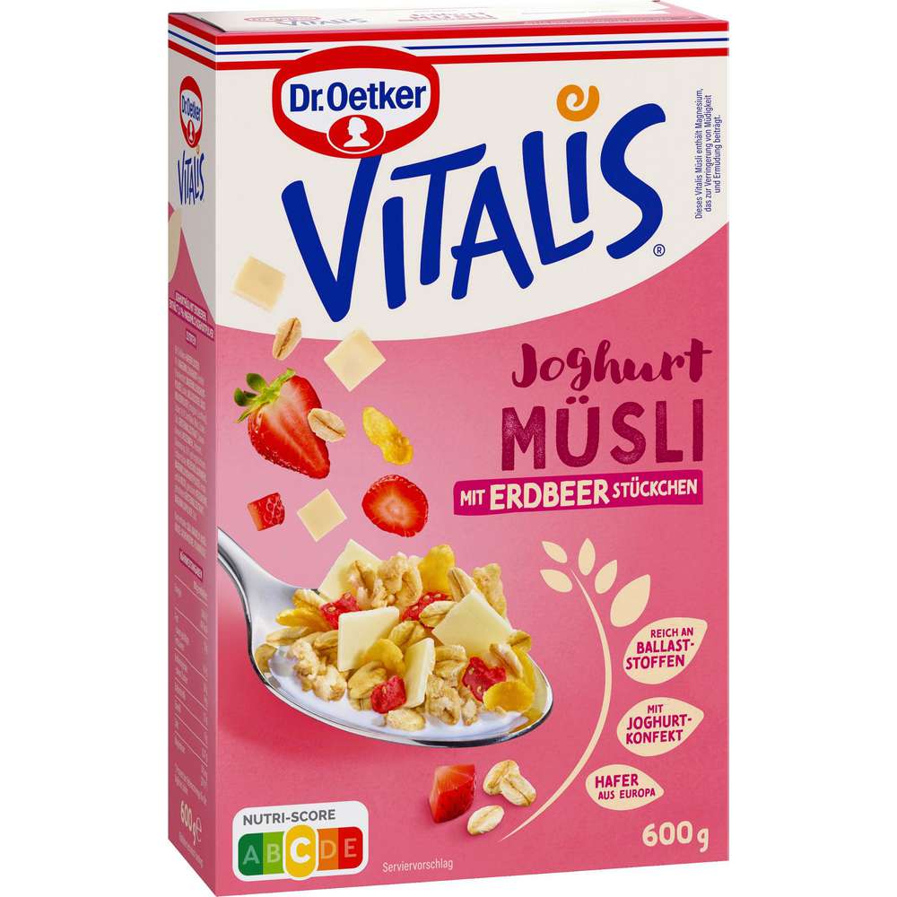 Produktabbildung Dr. Oetker Joghurt-Müsli Vitalis, mit Erdbeer-Stückchen