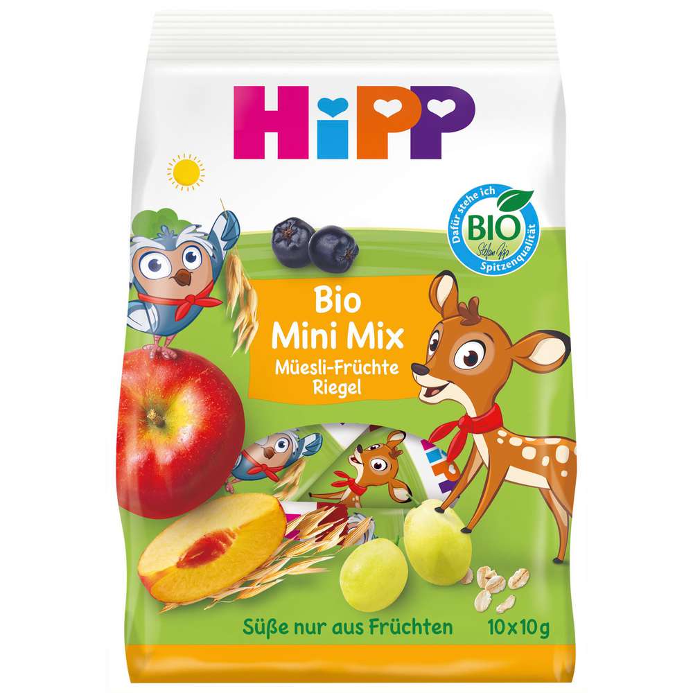 Produktabbildung Hipp Bio Früchte Müesli Riegel Mini Mix, Apfel-Aronia und Pfirsich-Traube