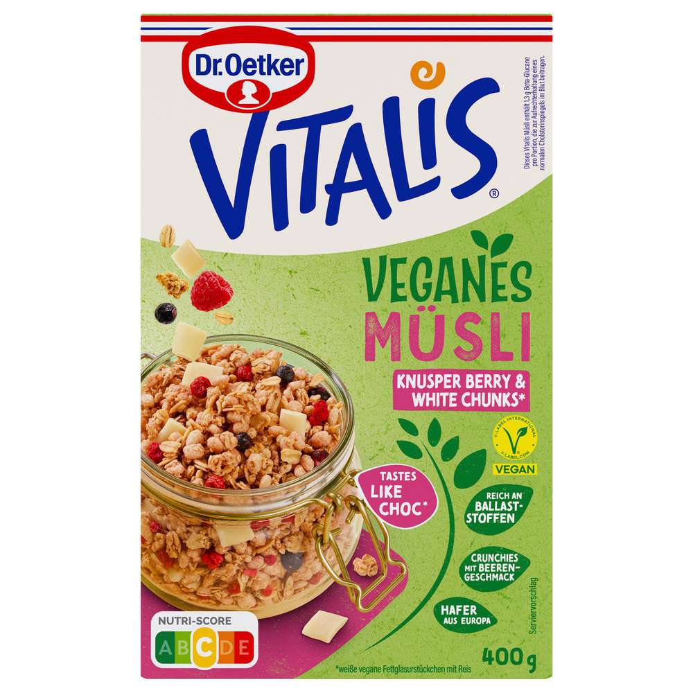 Produktabbildung Dr. Oetker Vitalis Knusper Müsli Vegan, Berry White Choc