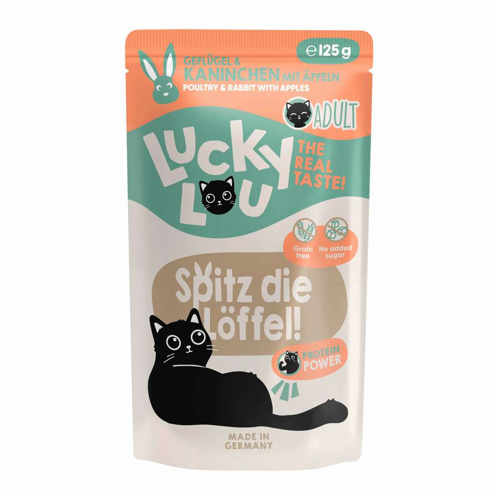 Produktabbildung Lucky Lou Katzen-Nassfutter, Geflügel & Kaninchen mit Apfel
