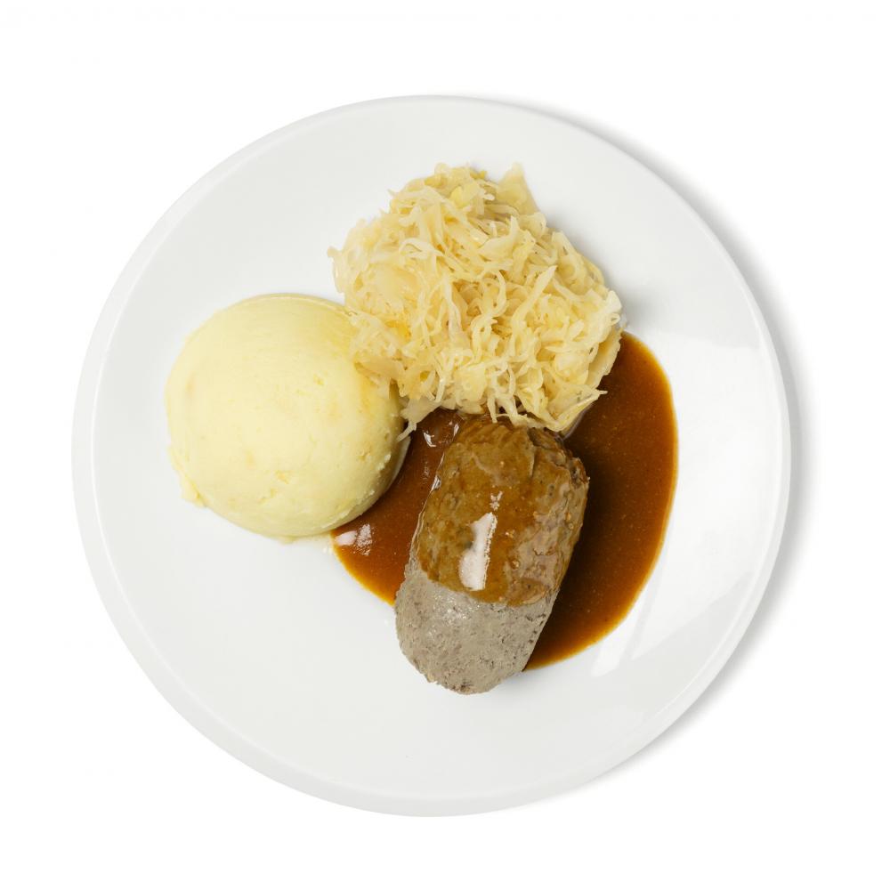 Produktabbildung GLOBUS Wochengericht Wochengericht: 1 Leberknödel mit Bratensauce, dazu Sauerkraut und Kartoffelstampf