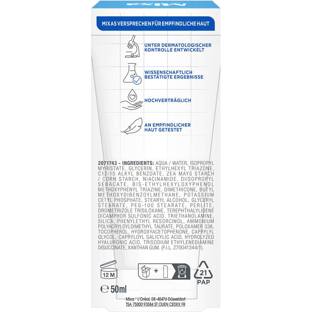 Produktabbildung Mixa Feuchtigkeitscreme mit UV-Schutz, Hyaluronsäure LSF50