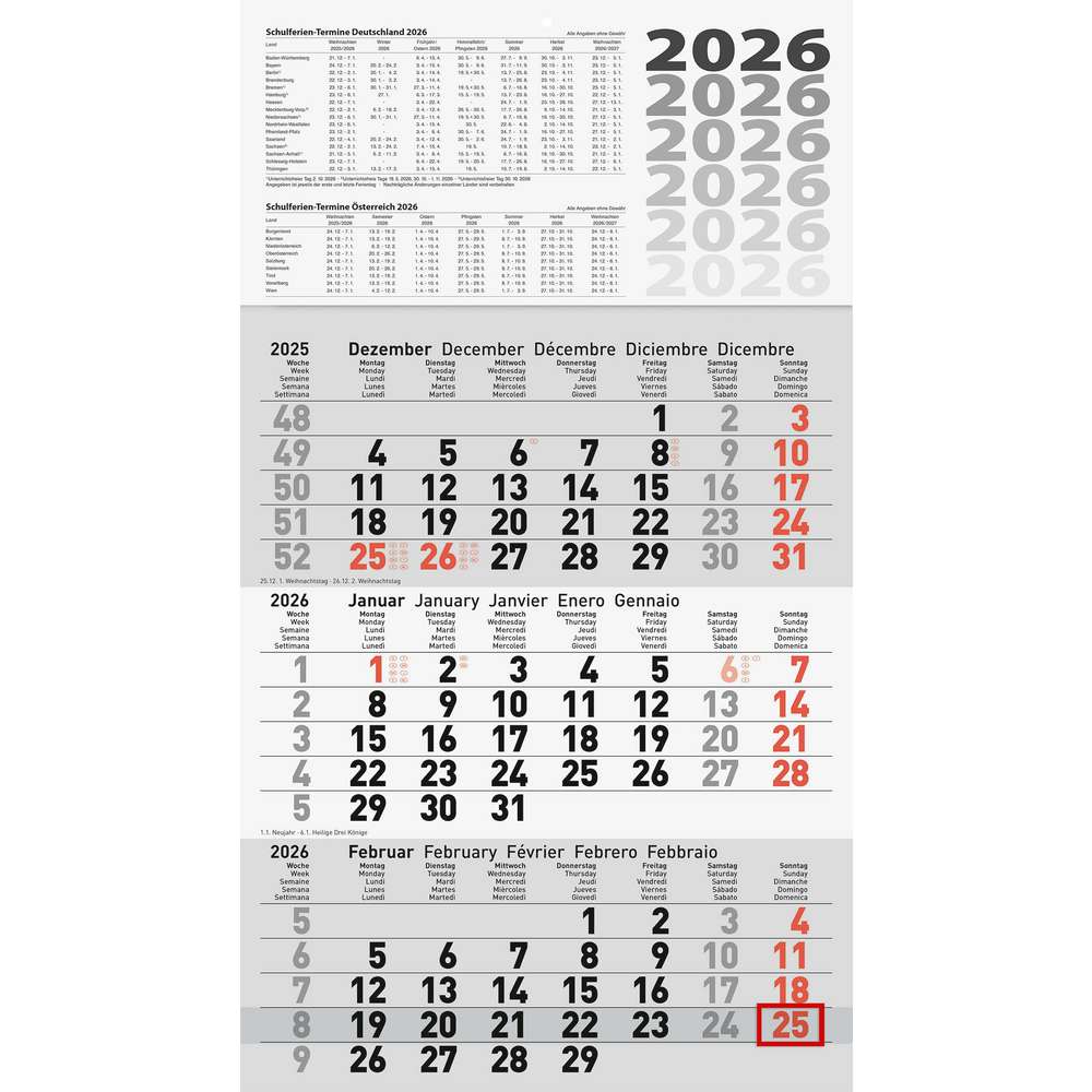 Produktabbildung BAIER + SCHNEIDER Dreimonatskalender 30 x 52cm