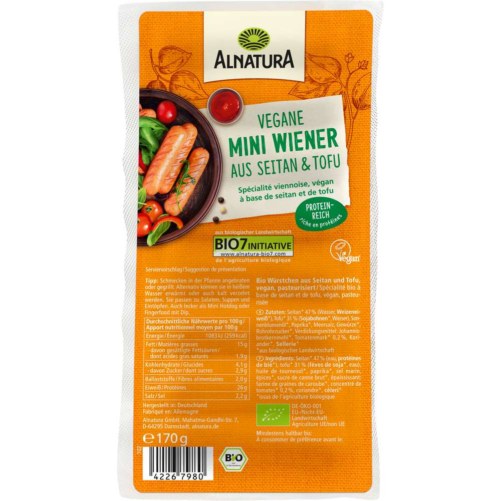 Produktabbildung Alnatura Bio Vegane Mini Wiener, aus Saitan und Tofu