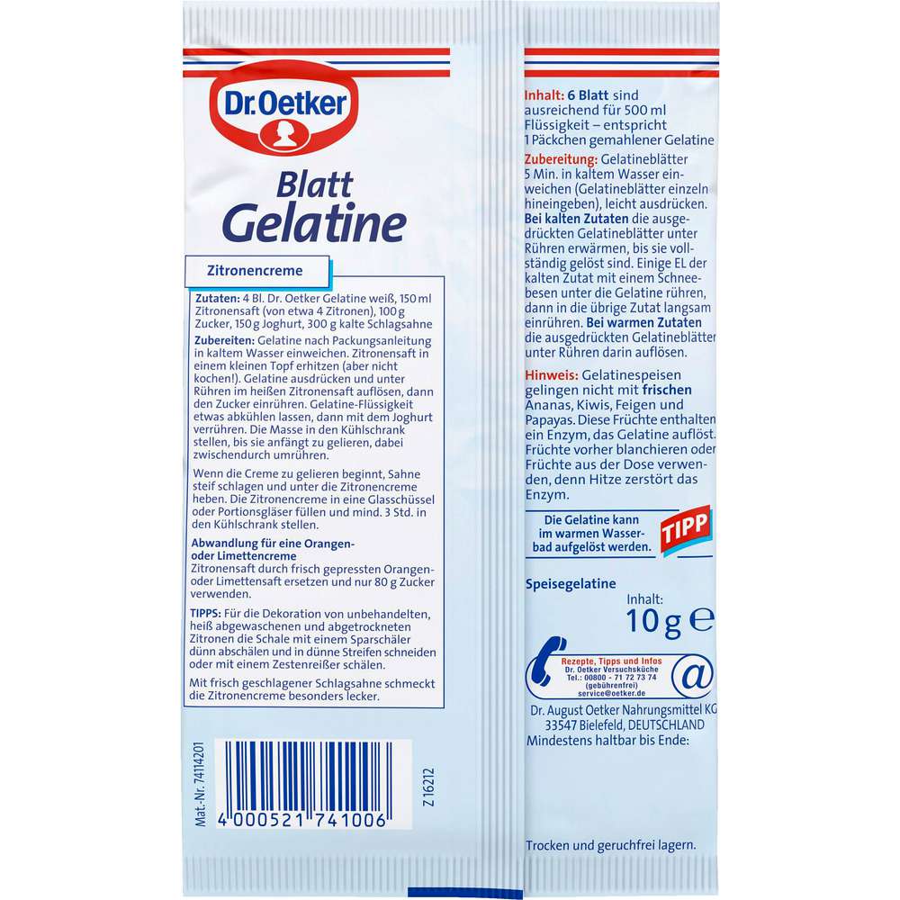 Produktabbildung Dr. Oetker Blattgelatine, Weiß