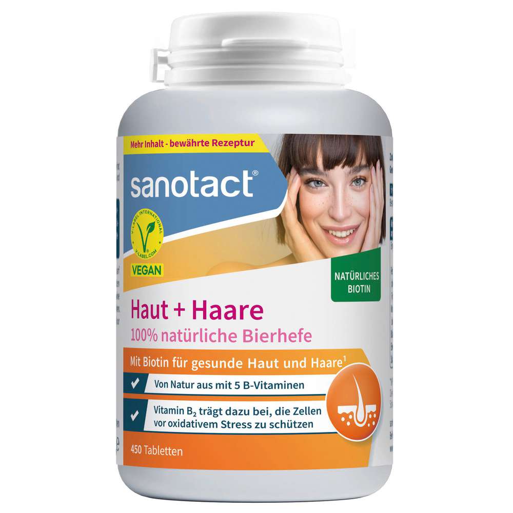Produktabbildung sanotact Haut + Haare 100% natürliche Bierhefe & Biotin Tabletten