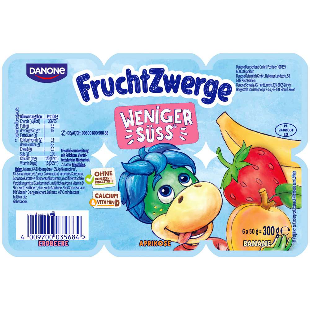 Produktabbildung Fruchtzwerge Fruchtquark weniger süß, Erdbeere/Aprikose/Banane