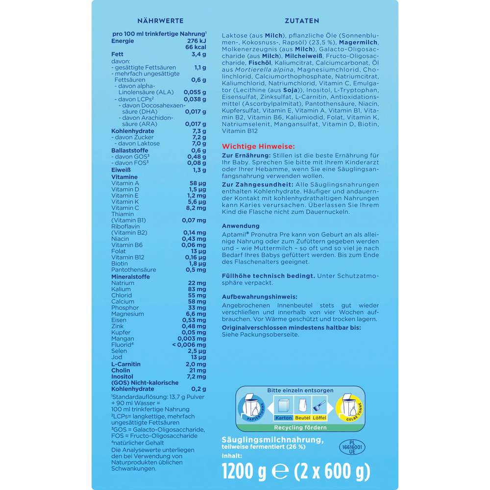 Produktabbildung Aptamil Pronatura Anfangsmilch Pre 